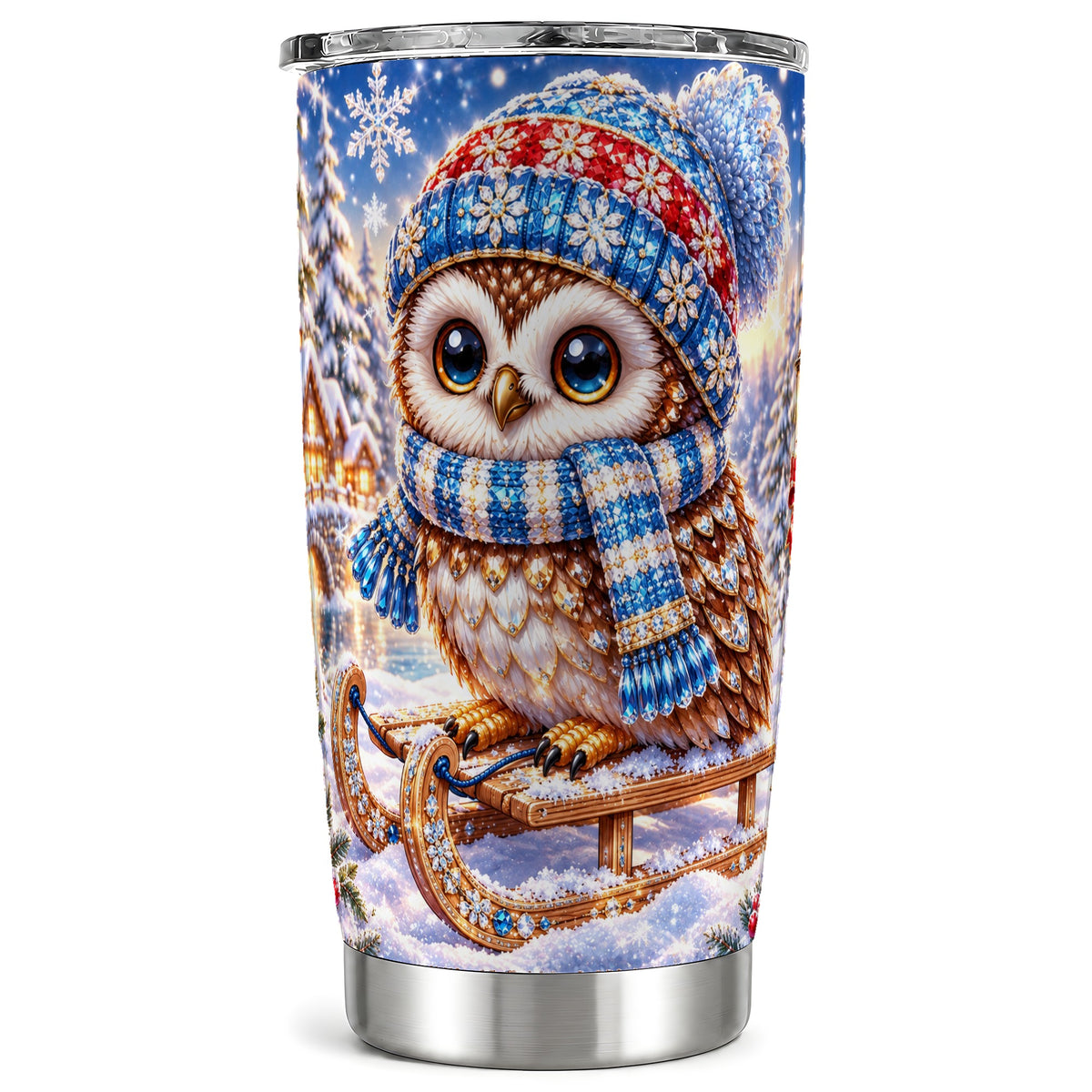 Ornate Owl 20oz Tumbler, Winter Owl Tumbler, Stainless Steel Travel Cup