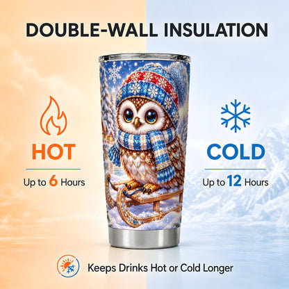 #pl[20oz|Steel] Ornate Owl 20oz Tumbler, Winter Owl Tumbler, Stainless Steel Travel Cup