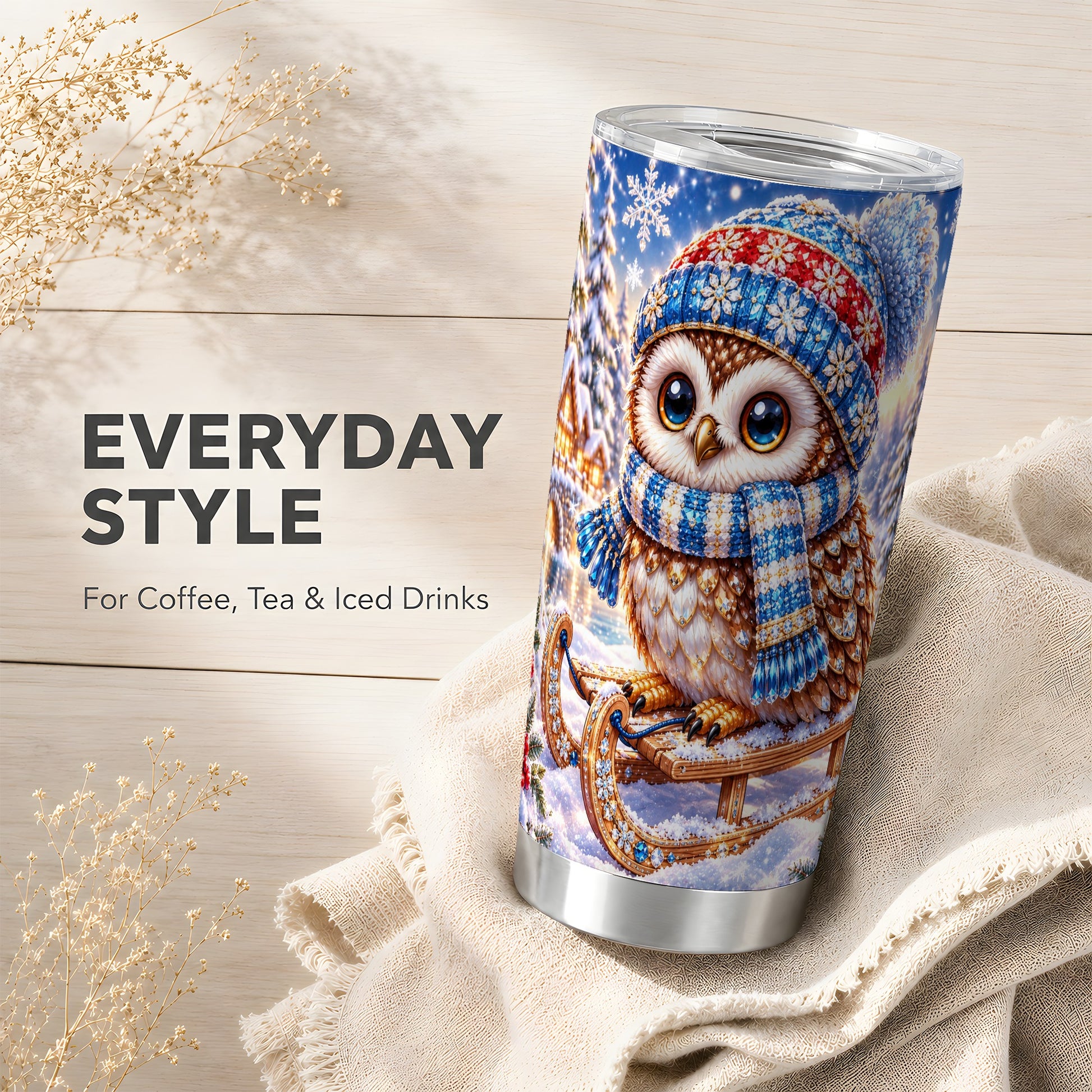 #pl[20oz|Steel] Ornate Owl 20oz Tumbler, Winter Owl Tumbler, Stainless Steel Travel Cup