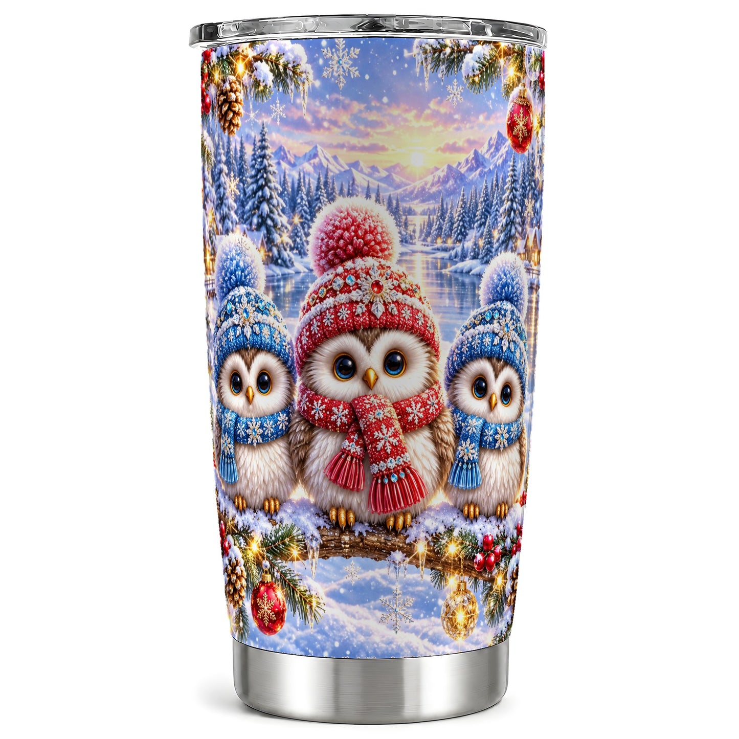 Christmas Owl 20oz Tumbler, Winter Trio Tumbler, Stainless Steel Travel Cup