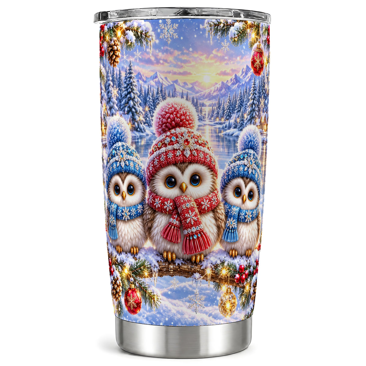 Christmas Owl 20oz Tumbler, Winter Trio Tumbler, Stainless Steel Travel Cup