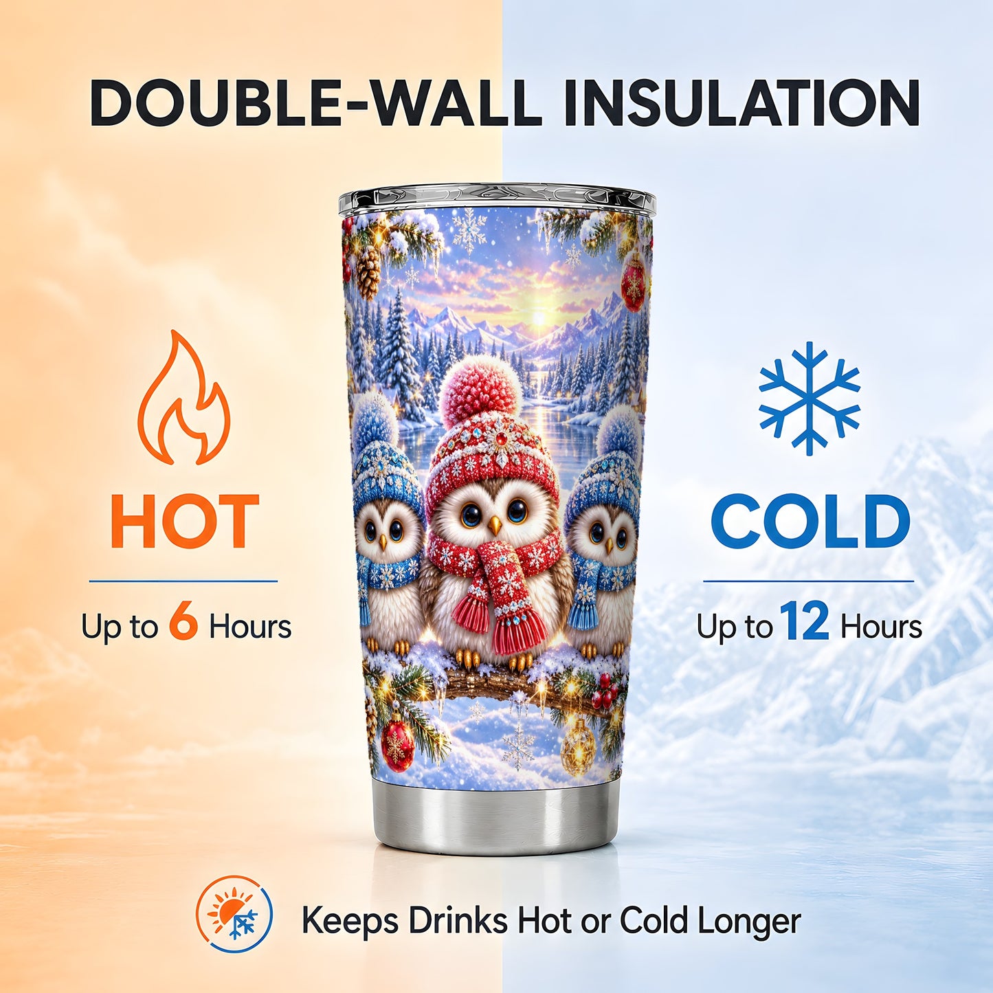 #pl[20oz|Steel] Christmas Owl 20oz Tumbler, Winter Trio Tumbler, Stainless Steel Travel Cup