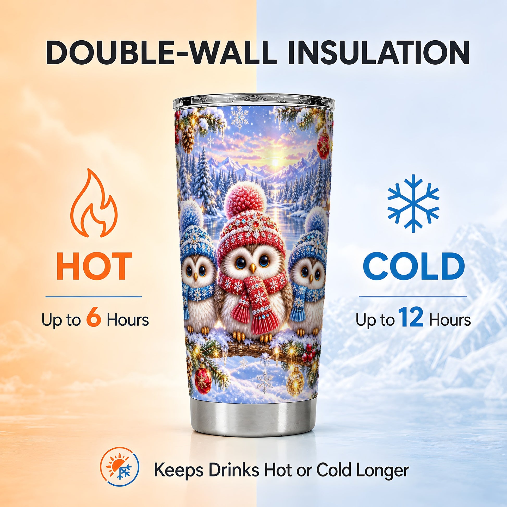 #pl[20oz|Steel] Christmas Owl 20oz Tumbler, Winter Trio Tumbler, Stainless Steel Travel Cup
