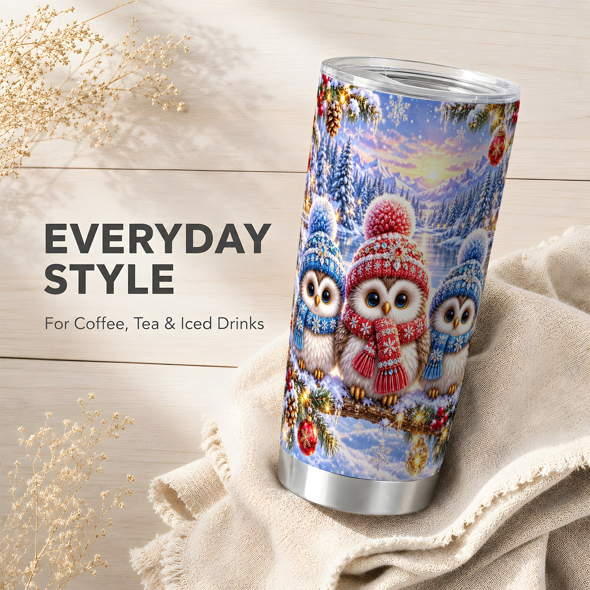 #pl[20oz|Steel] Christmas Owl 20oz Tumbler, Winter Trio Tumbler, Stainless Steel Travel Cup