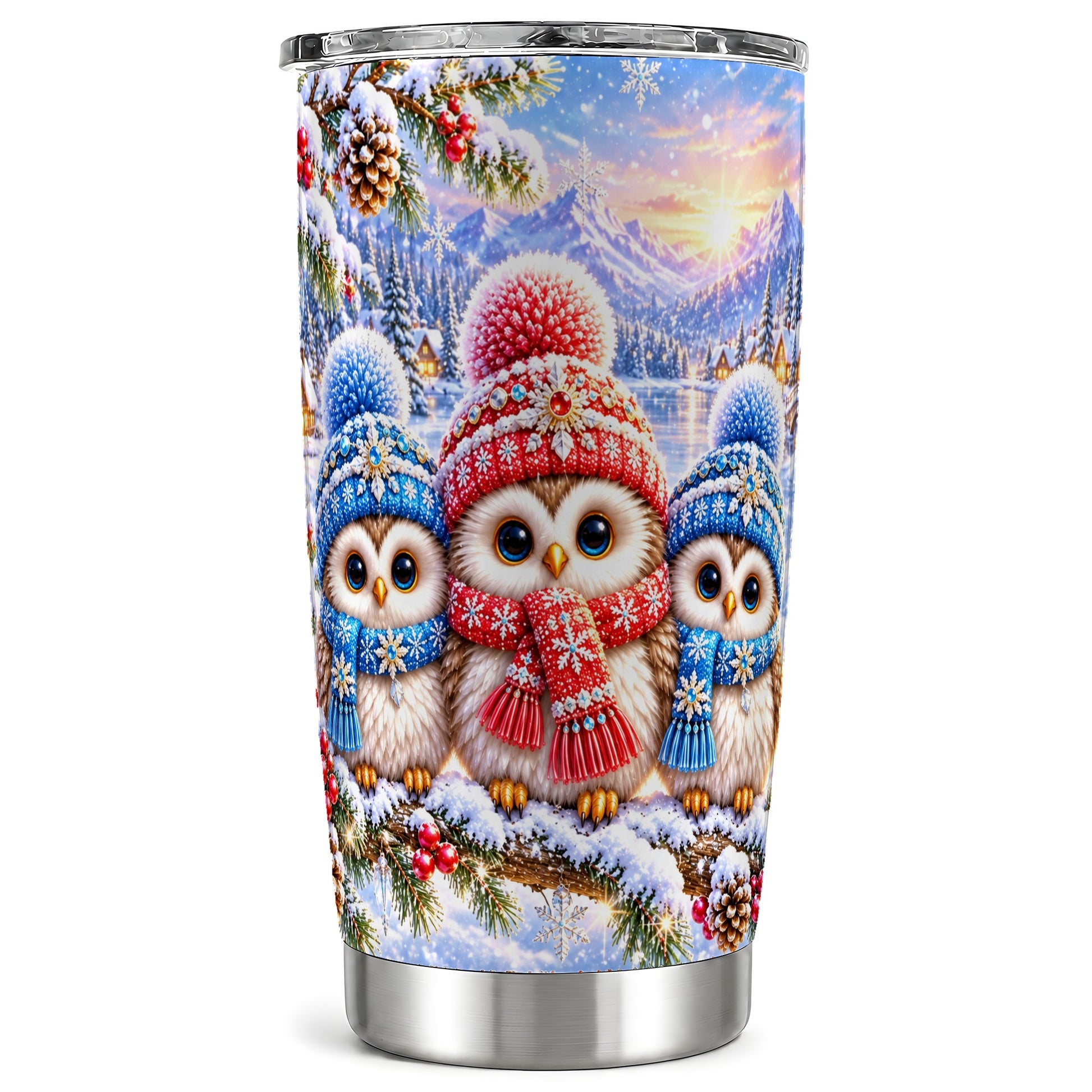 Winter Owl 20oz Tumbler, Snowy Trio Tumbler, Stainless Steel Travel Cup