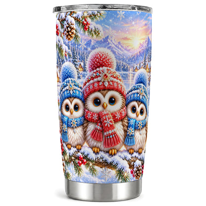 Winter Owl 20oz Tumbler, Snowy Trio Tumbler, Stainless Steel Travel Cup