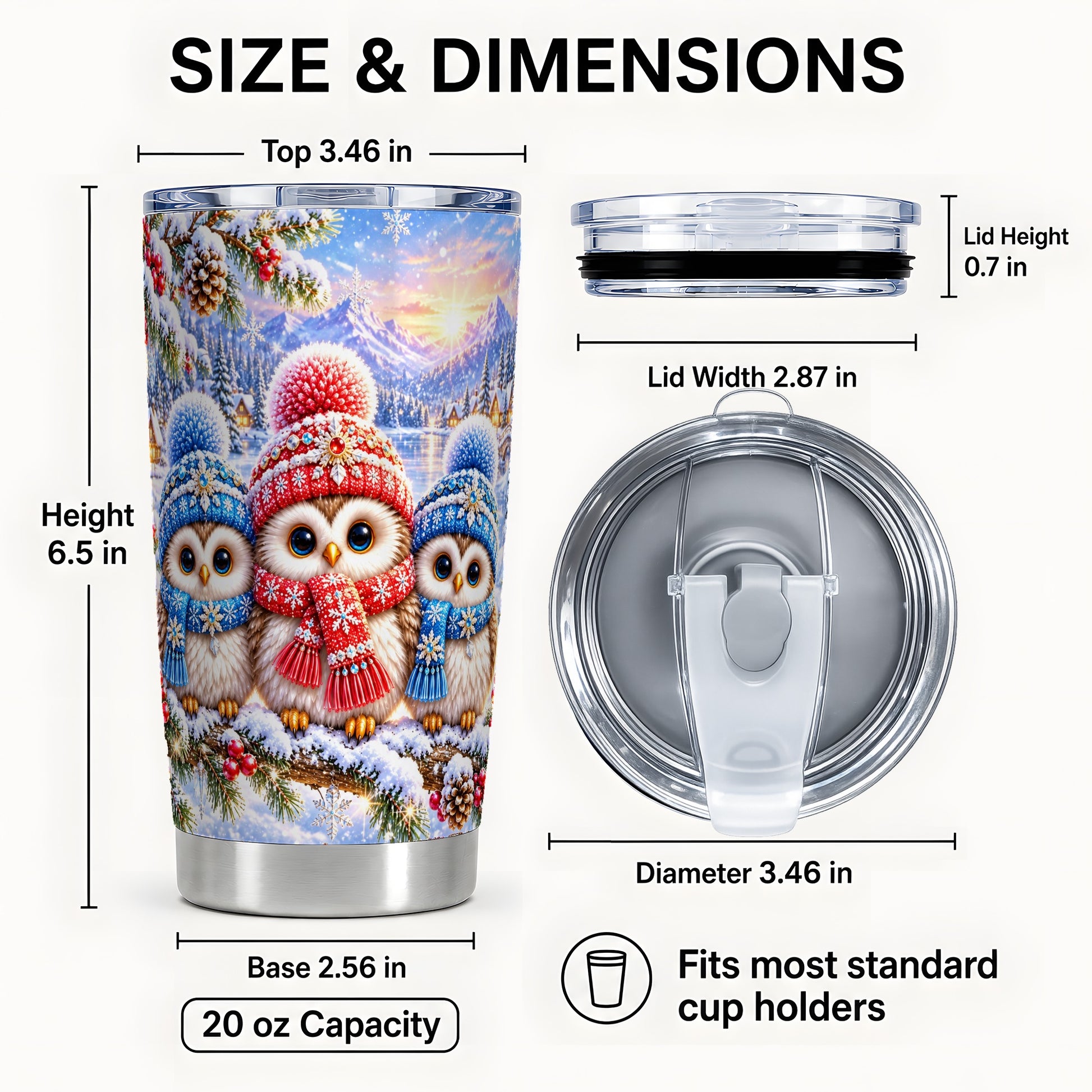 #pl[20oz|Steel] Winter Owl 20oz Tumbler, Snowy Trio Tumbler, Stainless Steel Travel Cup