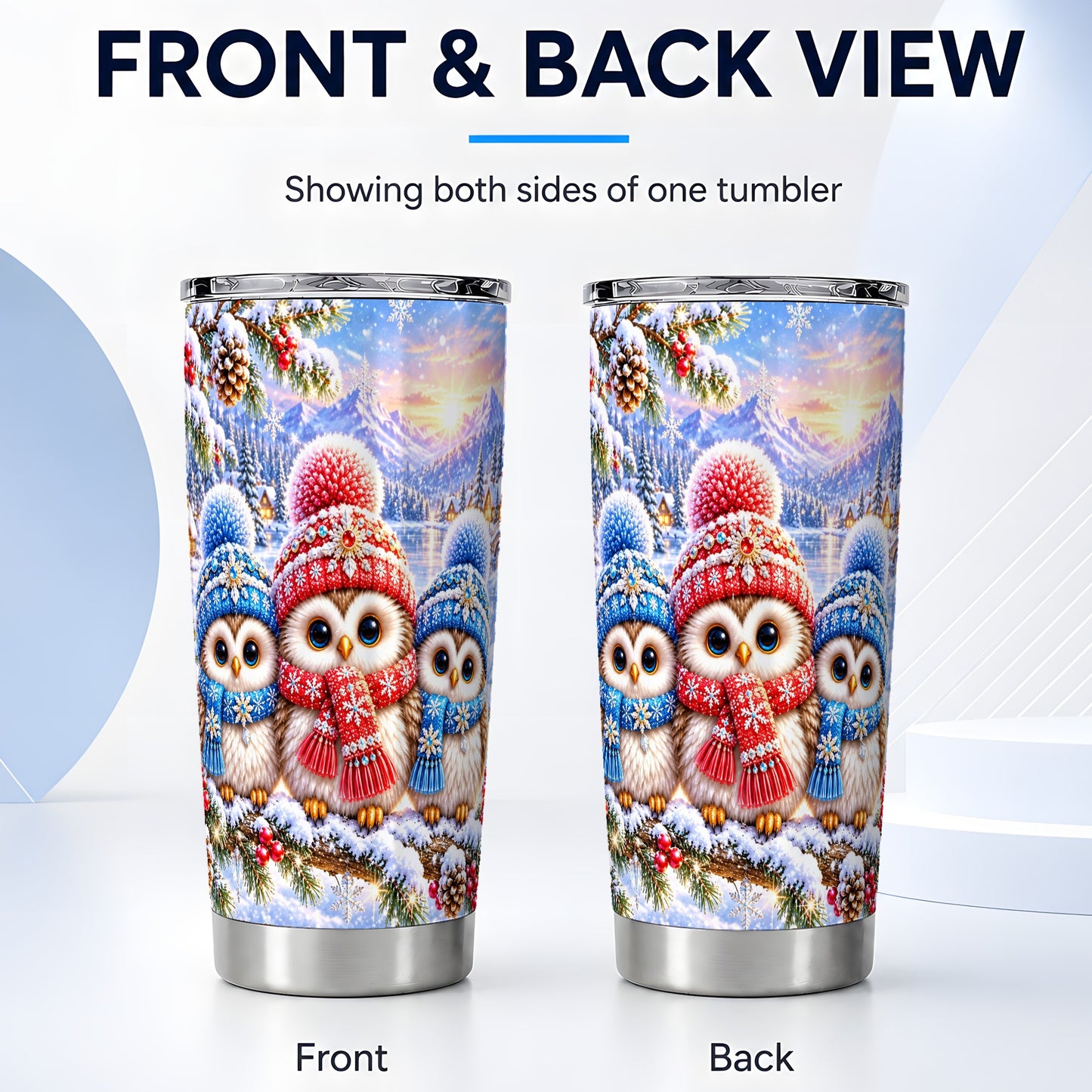 #pl[20oz|Steel] Winter Owl 20oz Tumbler, Snowy Trio Tumbler, Stainless Steel Travel Cup