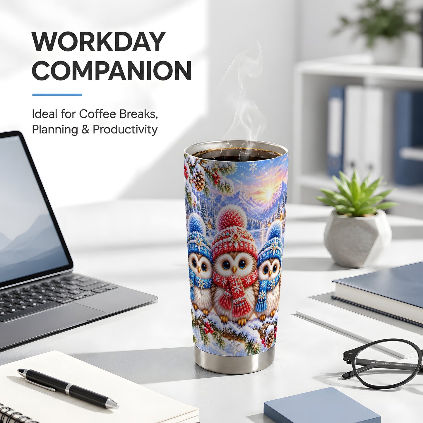 #pl[20oz|Steel] Winter Owl 20oz Tumbler, Snowy Trio Tumbler, Stainless Steel Travel Cup