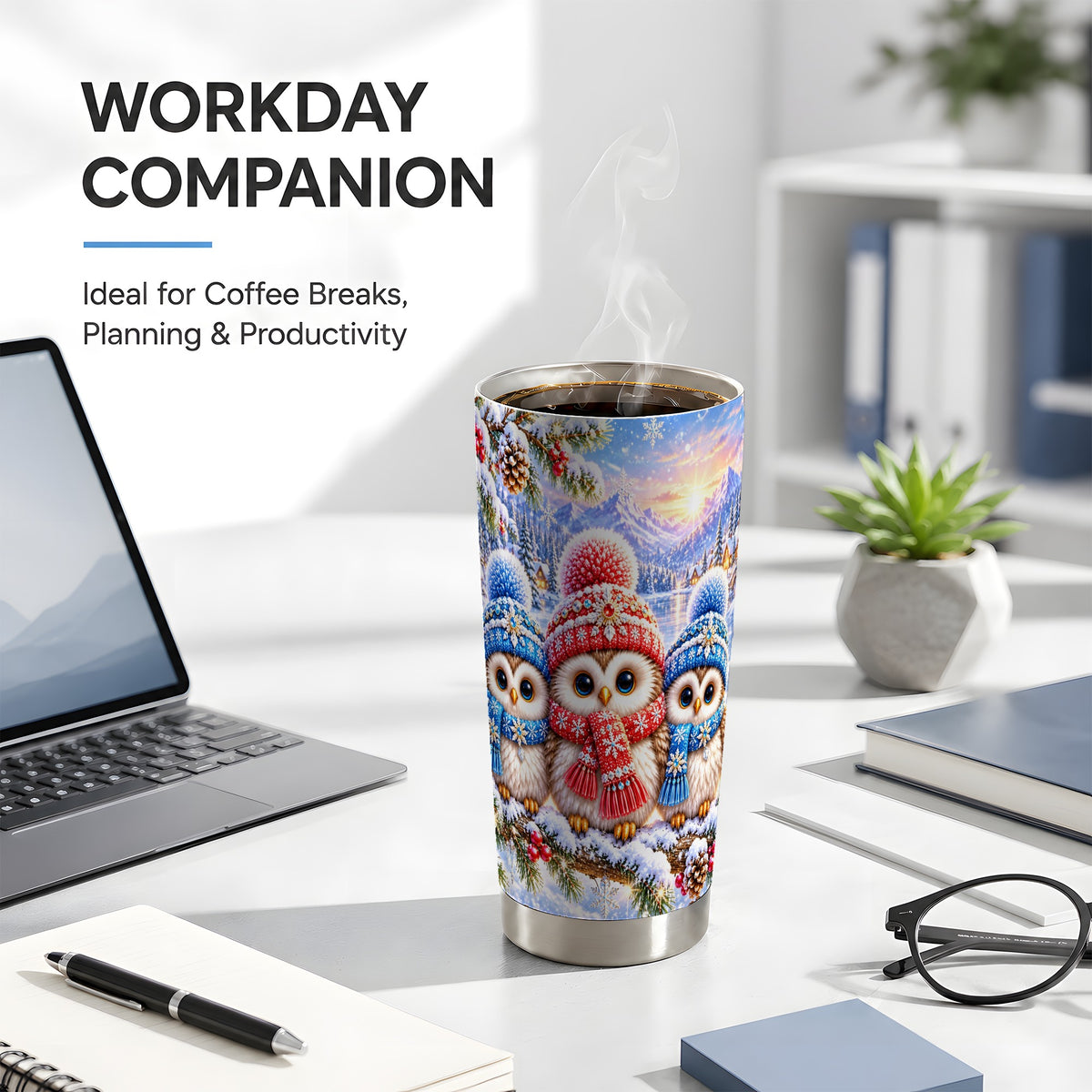 #pl[20oz|Steel] Winter Owl 20oz Tumbler, Snowy Trio Tumbler, Stainless Steel Travel Cup