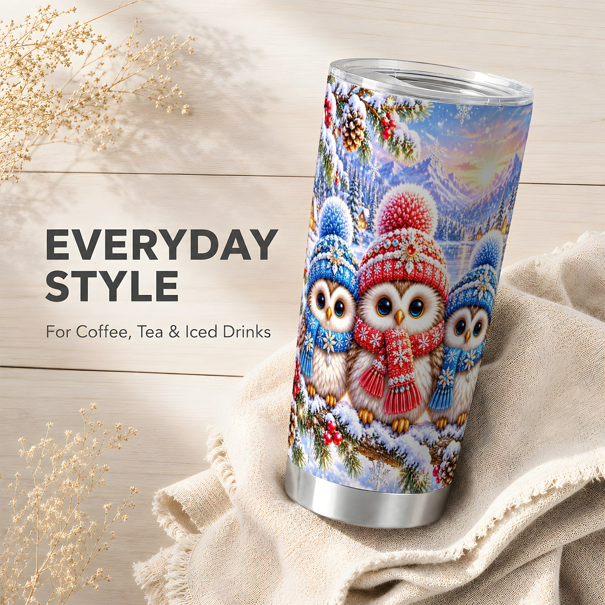 #pl[20oz|Steel] Winter Owl 20oz Tumbler, Snowy Trio Tumbler, Stainless Steel Travel Cup