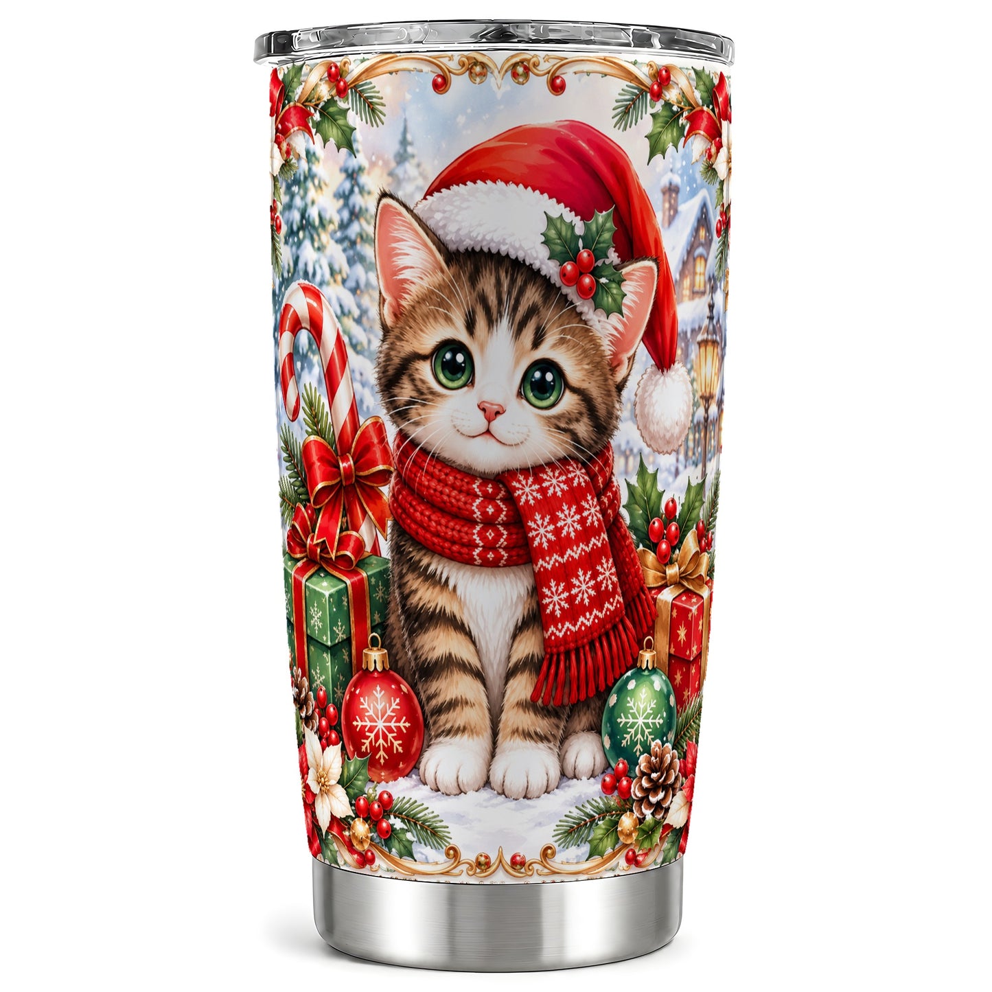 Christmas Kitten Tumbler 20oz, Cat Tumbler, Stainless Steel Travel Cup