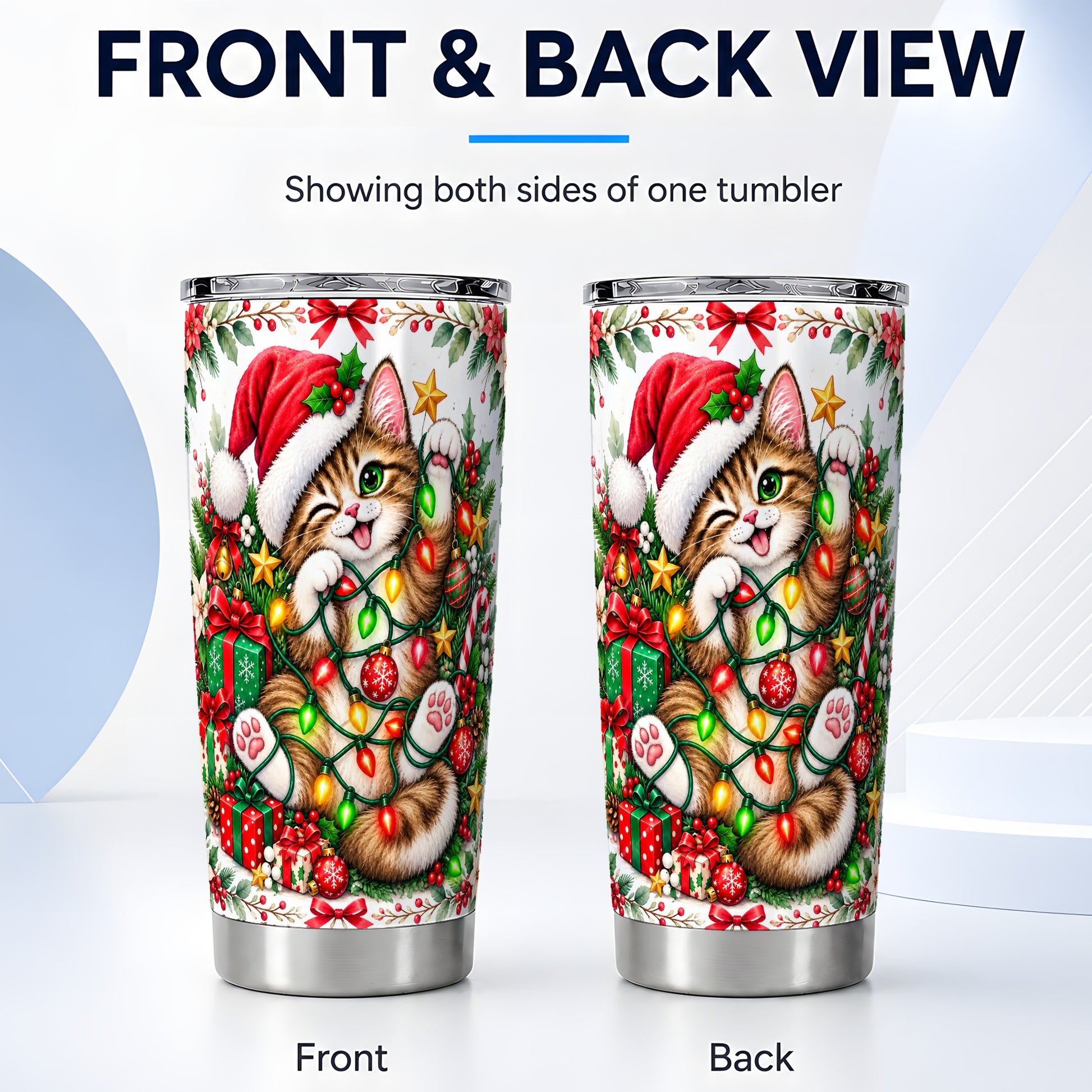 #pl[20oz|Steel] Christmas Cat Tumbler 20oz, Kitten Tumbler, Stainless Steel Travel Cup
