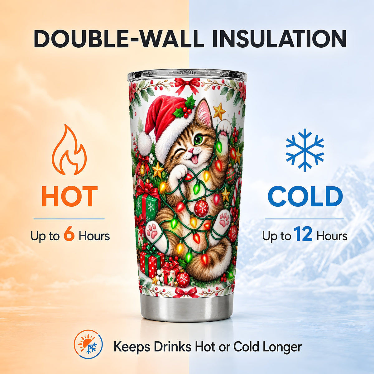 #pl[20oz|Steel] Christmas Cat Tumbler 20oz, Kitten Tumbler, Stainless Steel Travel Cup