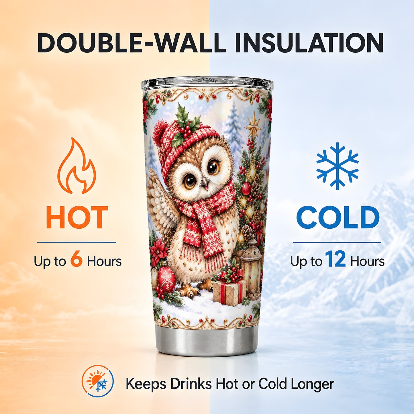 #pl[20oz|Steel] Christmas Owl Tumbler 20oz, Winter Owl Tumbler, Stainless Steel Travel Cup