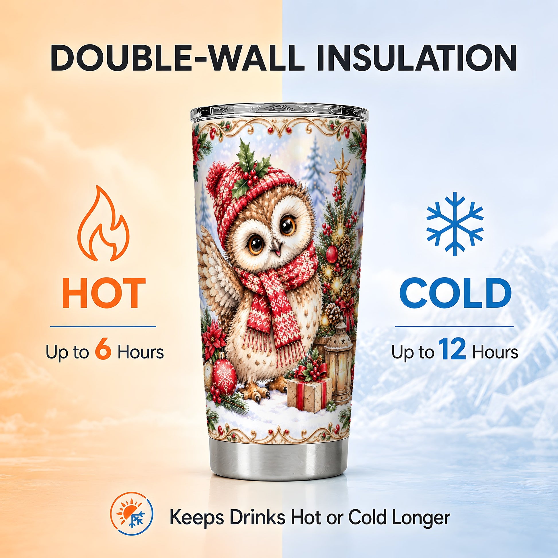 #pl[20oz|Steel] Christmas Owl Tumbler 20oz, Winter Owl Tumbler, Stainless Steel Travel Cup