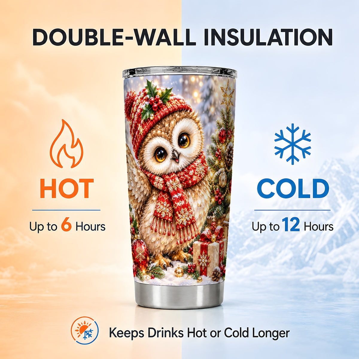 #pl[20oz|Steel] Christmas Owl Tumbler 20oz, Owl Tumbler, Stainless Steel Travel Cup