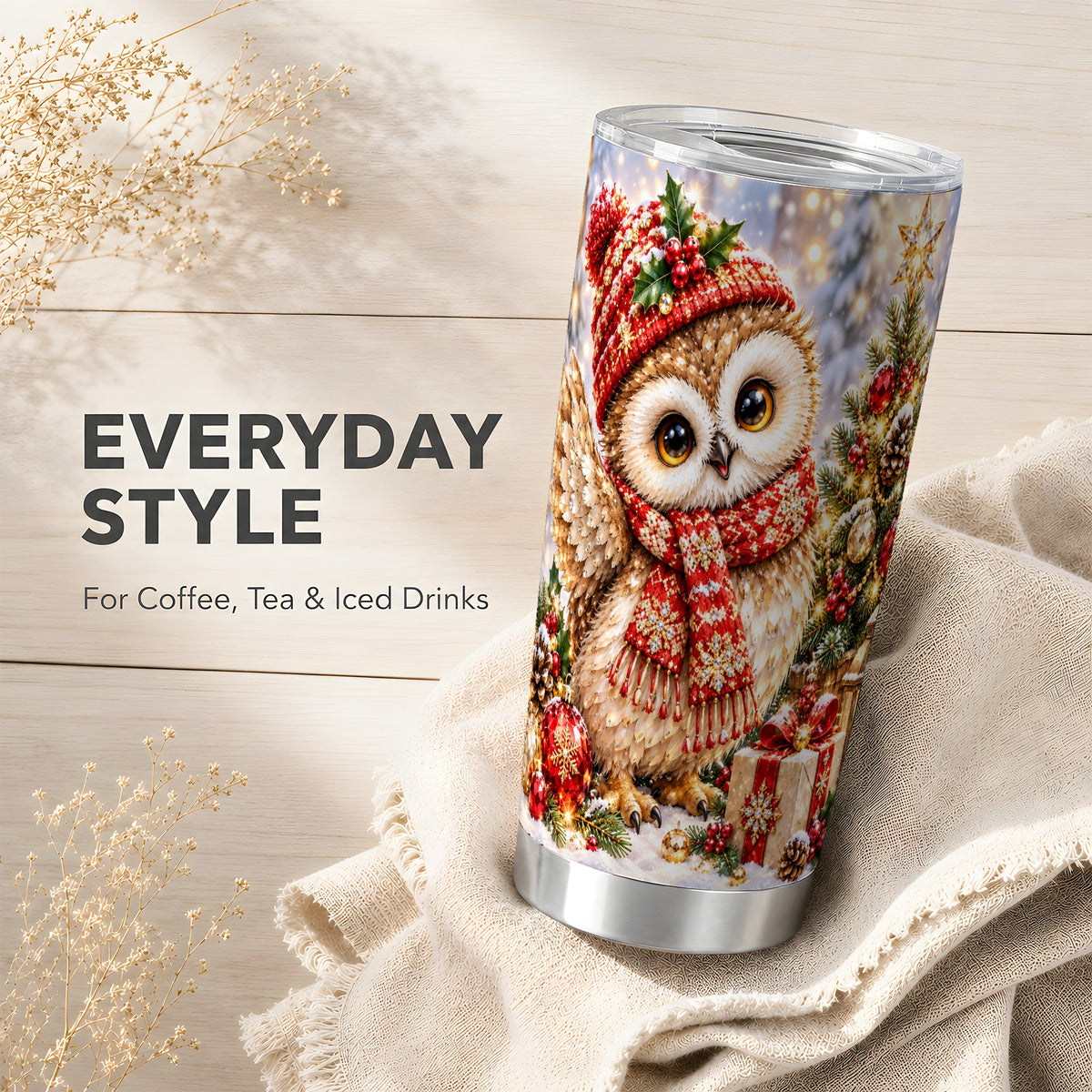 #pl[20oz|Steel] Christmas Owl Tumbler 20oz, Owl Tumbler, Stainless Steel Travel Cup