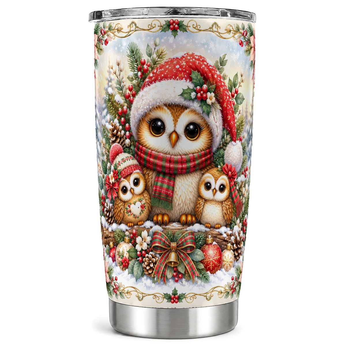 Vintage Owl Tumbler 20oz, Christmas Tumbler, Stainless Steel Travel Cup
