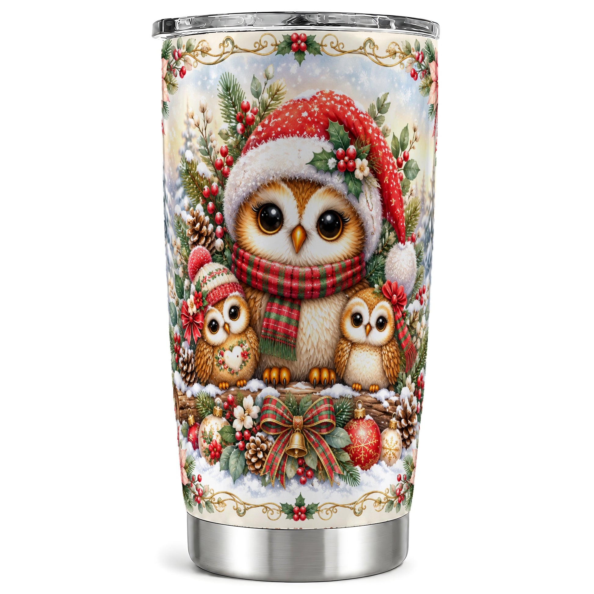 Vintage Owl Tumbler 20oz, Christmas Tumbler, Stainless Steel Travel Cup