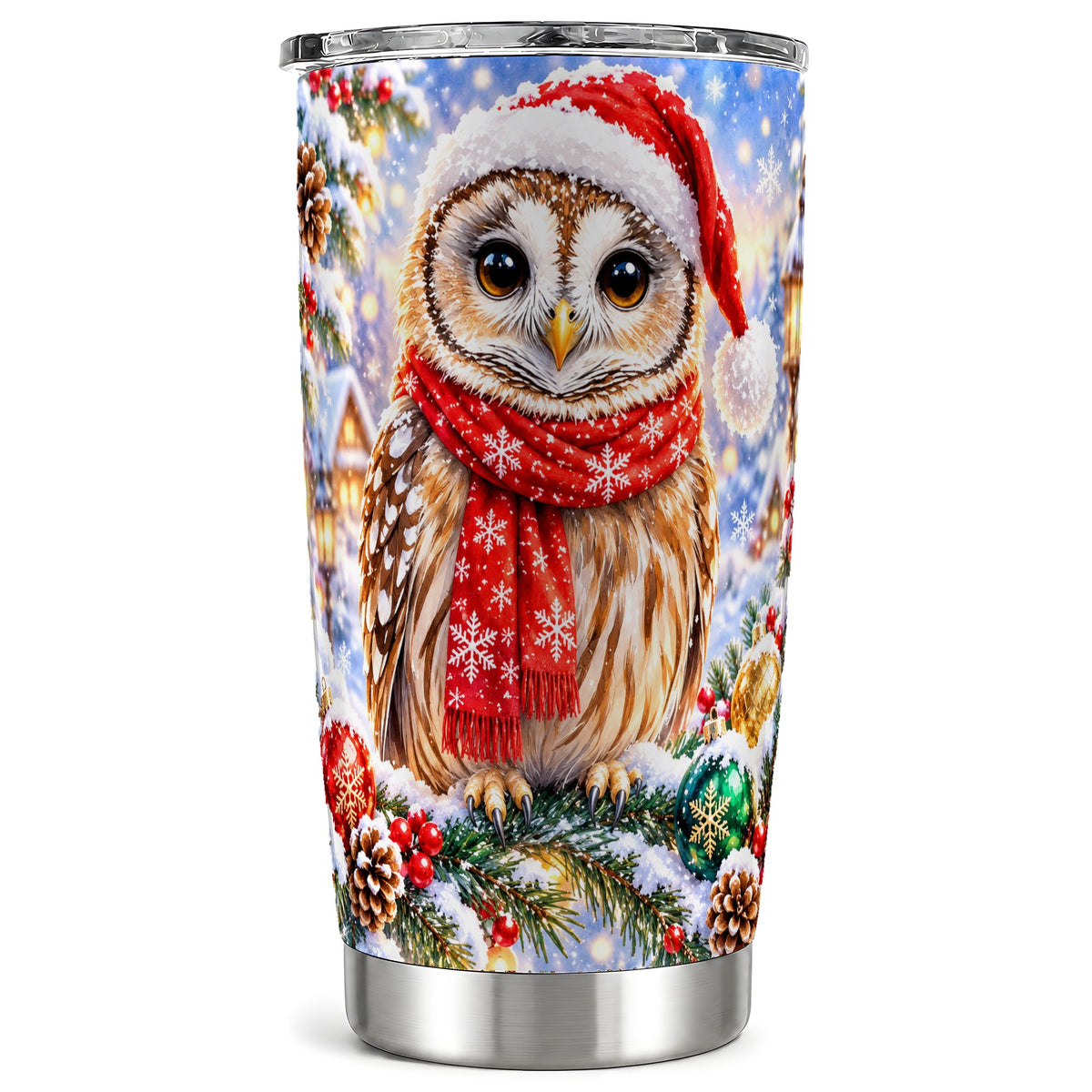 Snowy Owl Tumbler 20oz, Christmas Tumbler, Stainless Steel Travel Cup