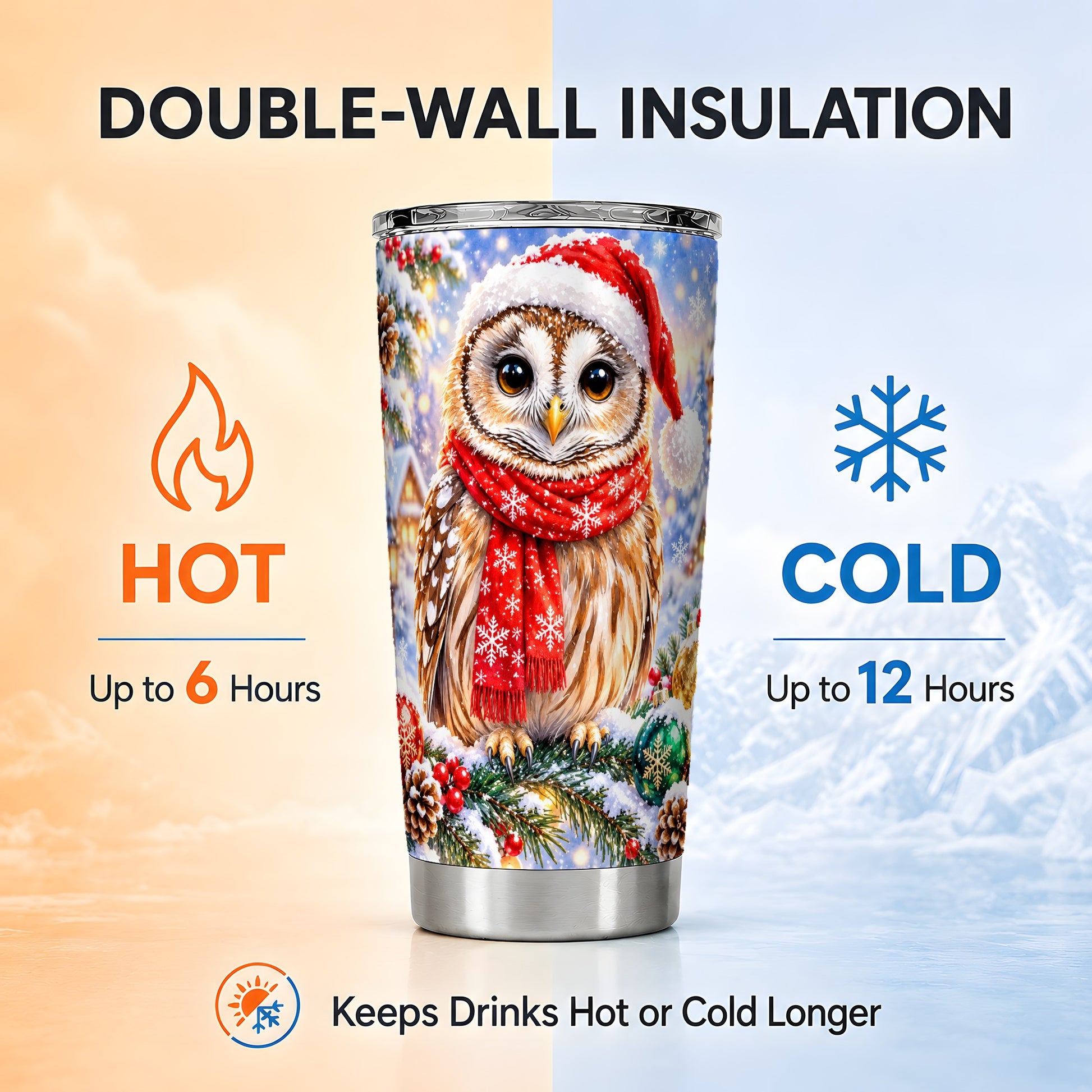 #pl[20oz|Steel] Snowy Owl Tumbler 20oz, Christmas Tumbler, Stainless Steel Travel Cup