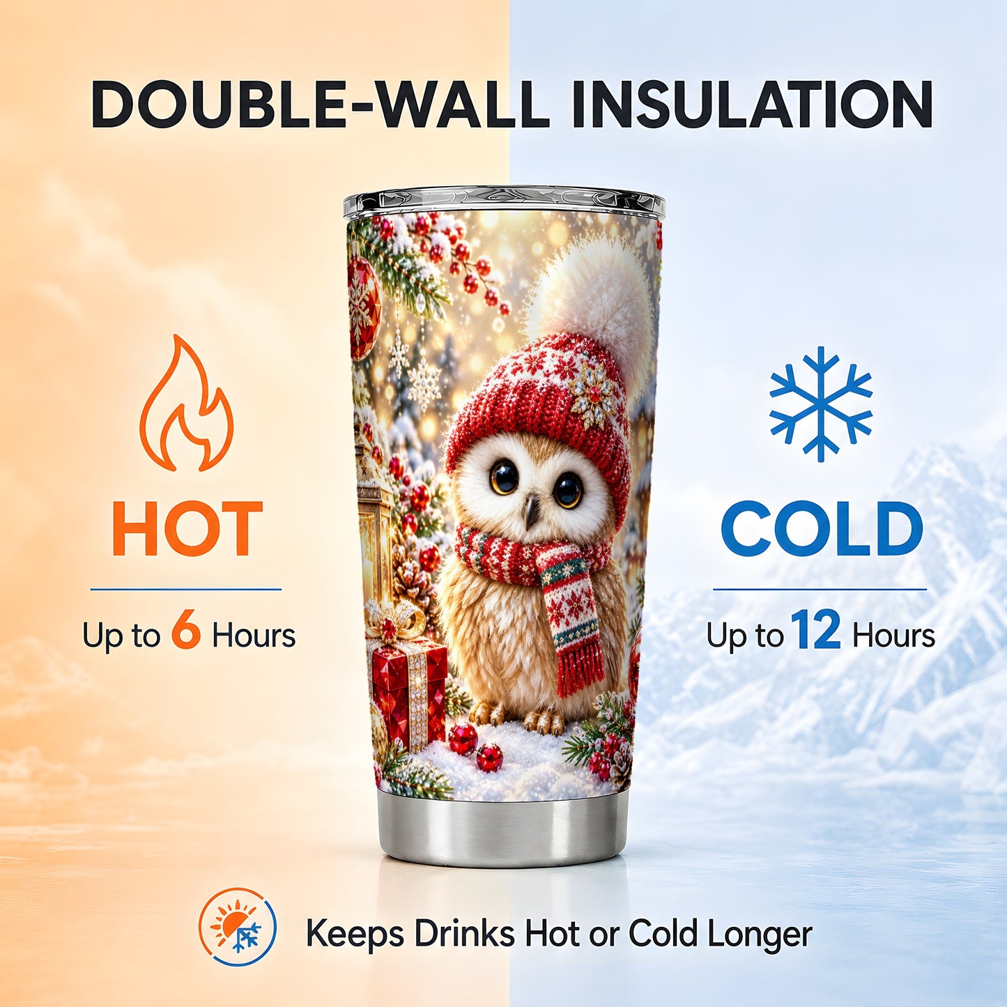 #pl[20oz|Steel] Christmas Owl Tumbler 20oz, Winter Tumbler, Stainless Steel Travel Cup