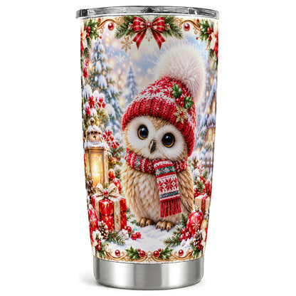 Festive Owl Tumbler 20oz, Christmas Tumbler, Stainless Steel Travel Cup