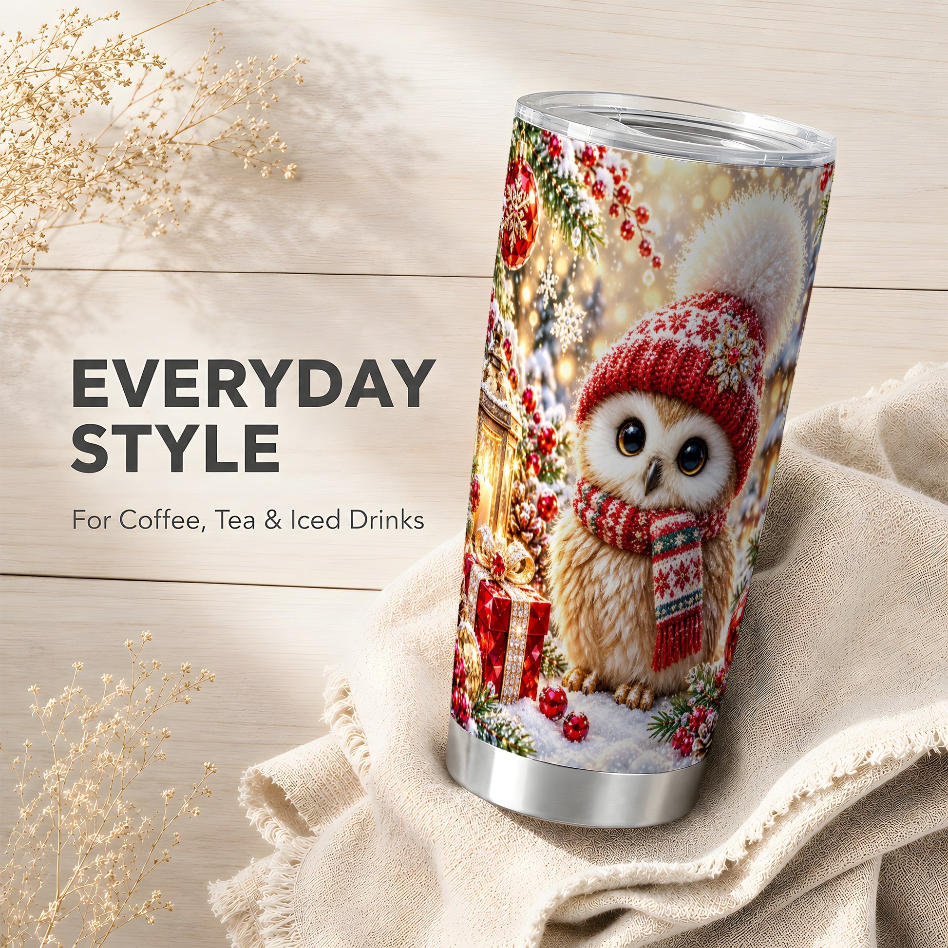 #pl[20oz|Steel] Christmas Owl Tumbler 20oz, Winter Tumbler, Stainless Steel Travel Cup
