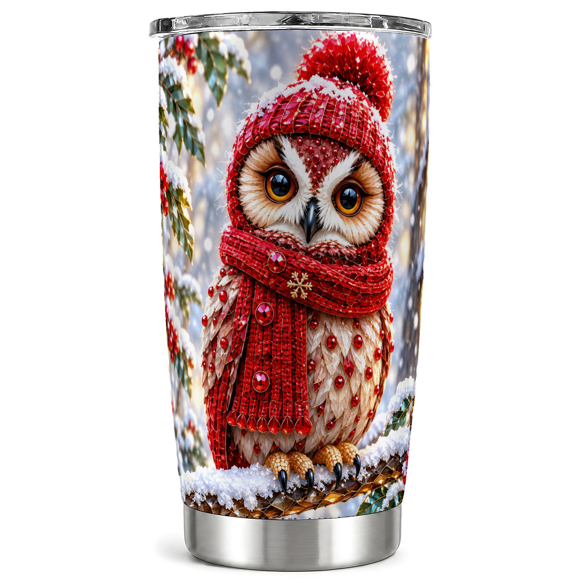 Faceted Owl Tumbler 20oz, Winter Tumbler, Stainless Steel Travel Cup