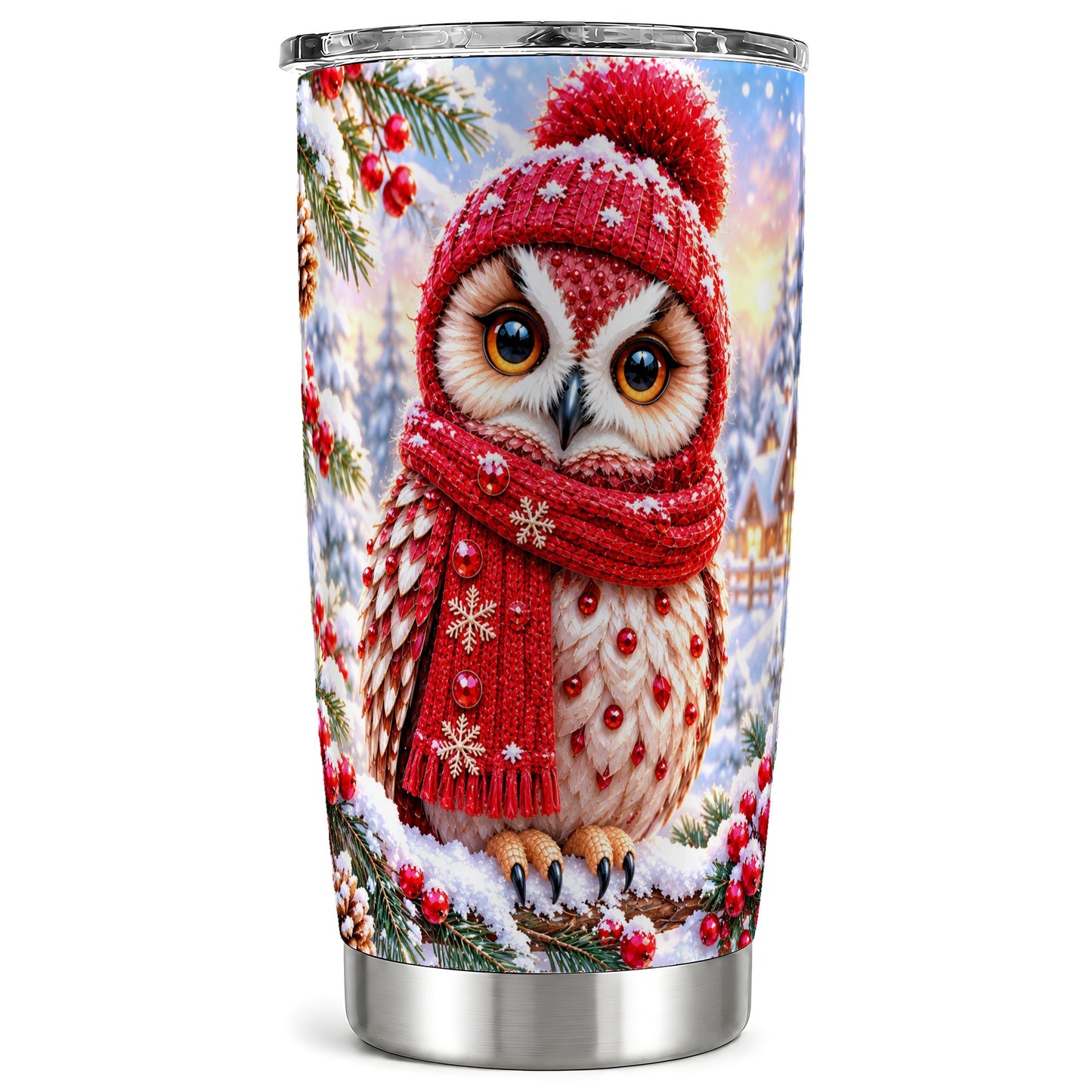 Red Owl Tumbler 20oz, Christmas Owl Tumbler, Stainless Steel Travel Cup