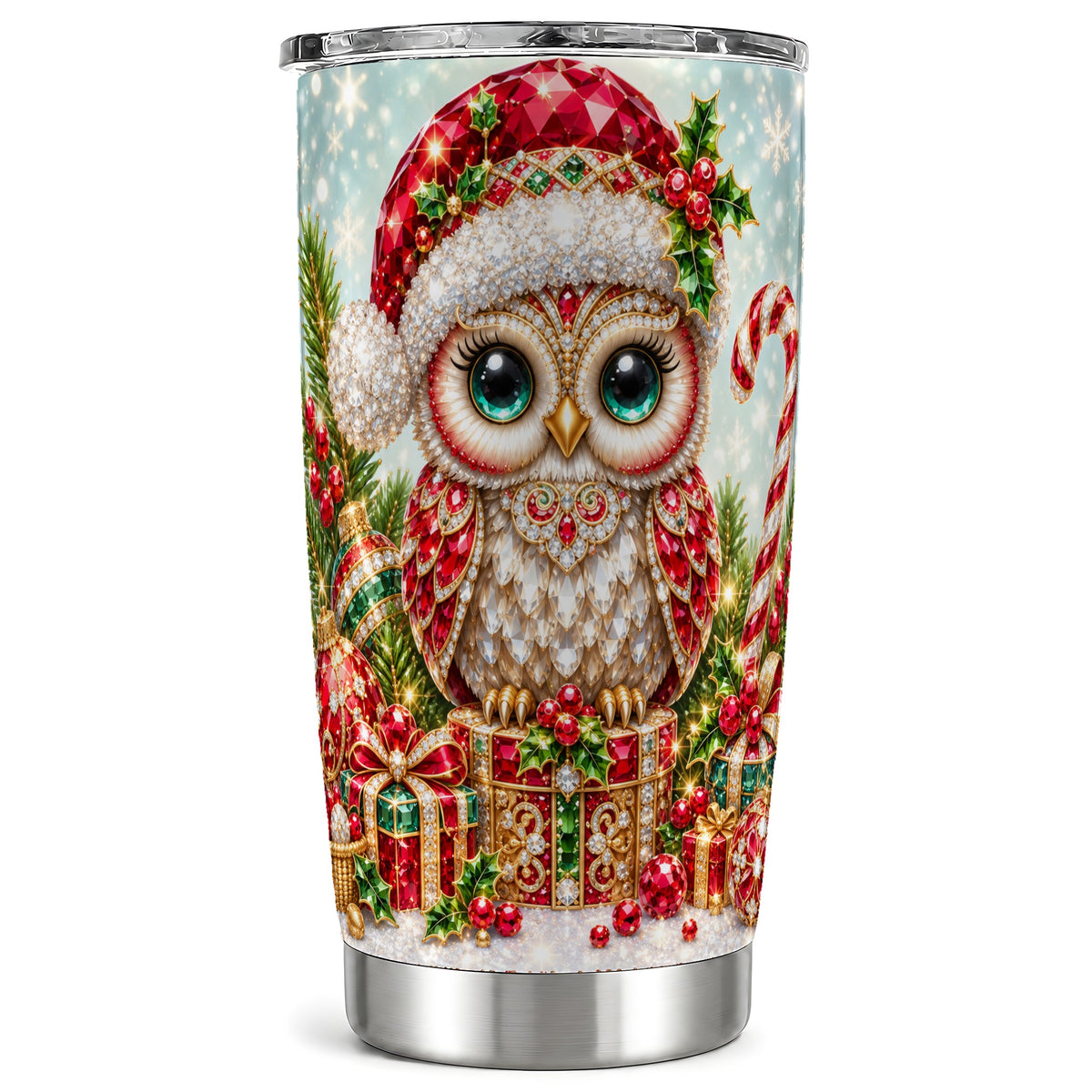 Jeweled Owl Tumbler 20oz, Christmas Owl Tumbler, Stainless Steel Travel Cup