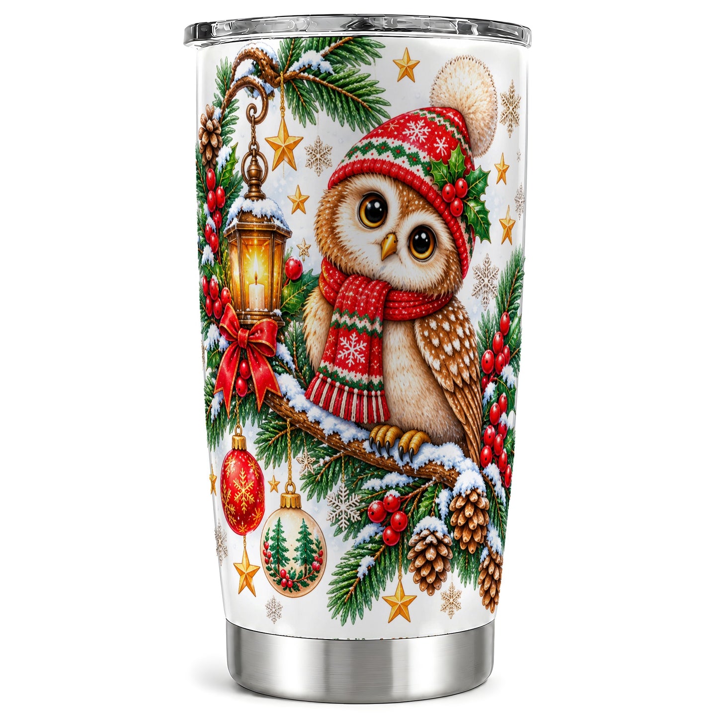 Cozy Owl Tumbler 20oz, Lantern Owl Tumbler, Stainless Steel Travel Cup