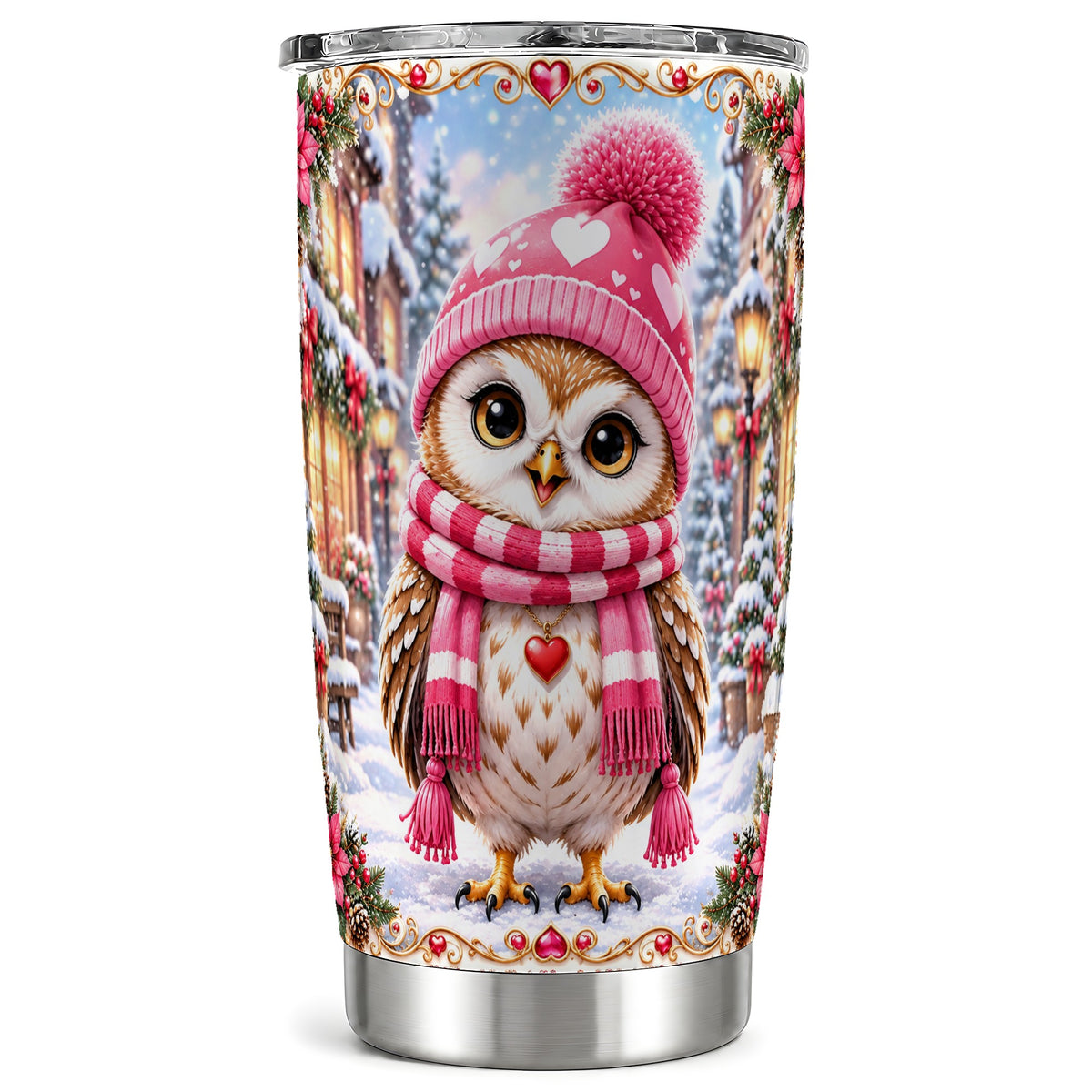 Pink Winter Owl Tumbler 20oz, Heart Owl Tumbler, Stainless Steel Travel Cup