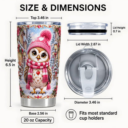 #pl[20oz|Steel] Pink Winter Owl Tumbler 20oz, Heart Owl Tumbler, Stainless Steel Travel Cup