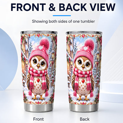 #pl[20oz|Steel] Pink Winter Owl Tumbler 20oz, Heart Owl Tumbler, Stainless Steel Travel Cup