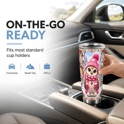 #pl[20oz|Steel] Pink Winter Owl Tumbler 20oz, Heart Owl Tumbler, Stainless Steel Travel Cup