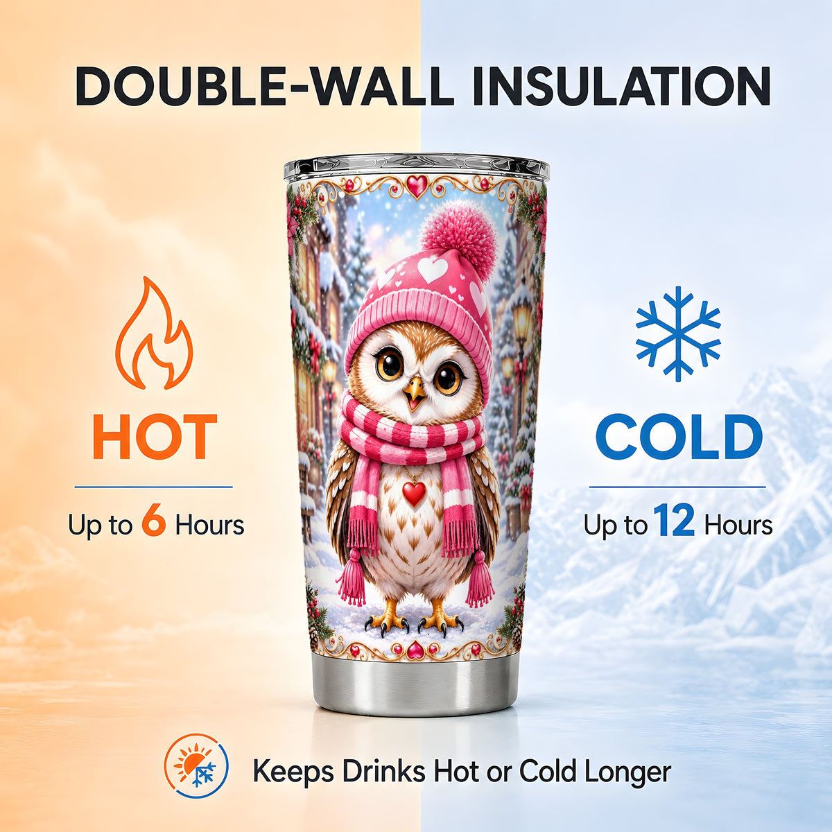 #pl[20oz|Steel] Pink Winter Owl Tumbler 20oz, Heart Owl Tumbler, Stainless Steel Travel Cup