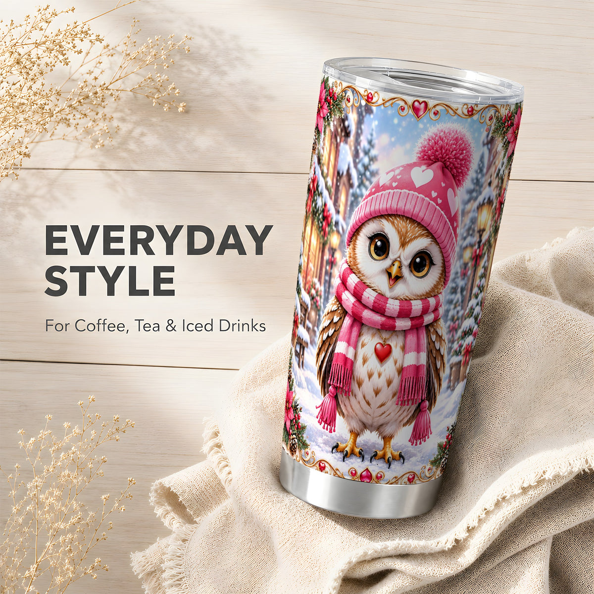 #pl[20oz|Steel] Pink Winter Owl Tumbler 20oz, Heart Owl Tumbler, Stainless Steel Travel Cup