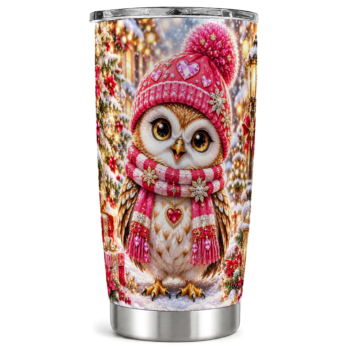 Jeweled Owl Tumbler 20oz, Winter Owl Tumbler, Stainless Steel Travel Cup