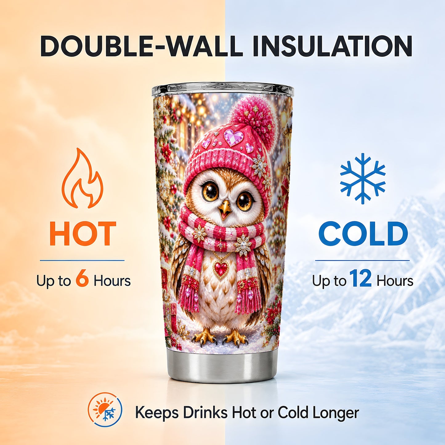#pl[20oz|Steel] Jeweled Owl Tumbler 20oz, Winter Owl Tumbler, Stainless Steel Travel Cup