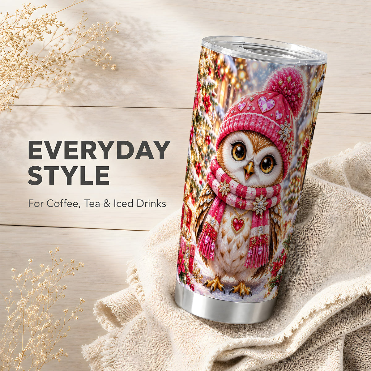 #pl[20oz|Steel] Jeweled Owl Tumbler 20oz, Winter Owl Tumbler, Stainless Steel Travel Cup