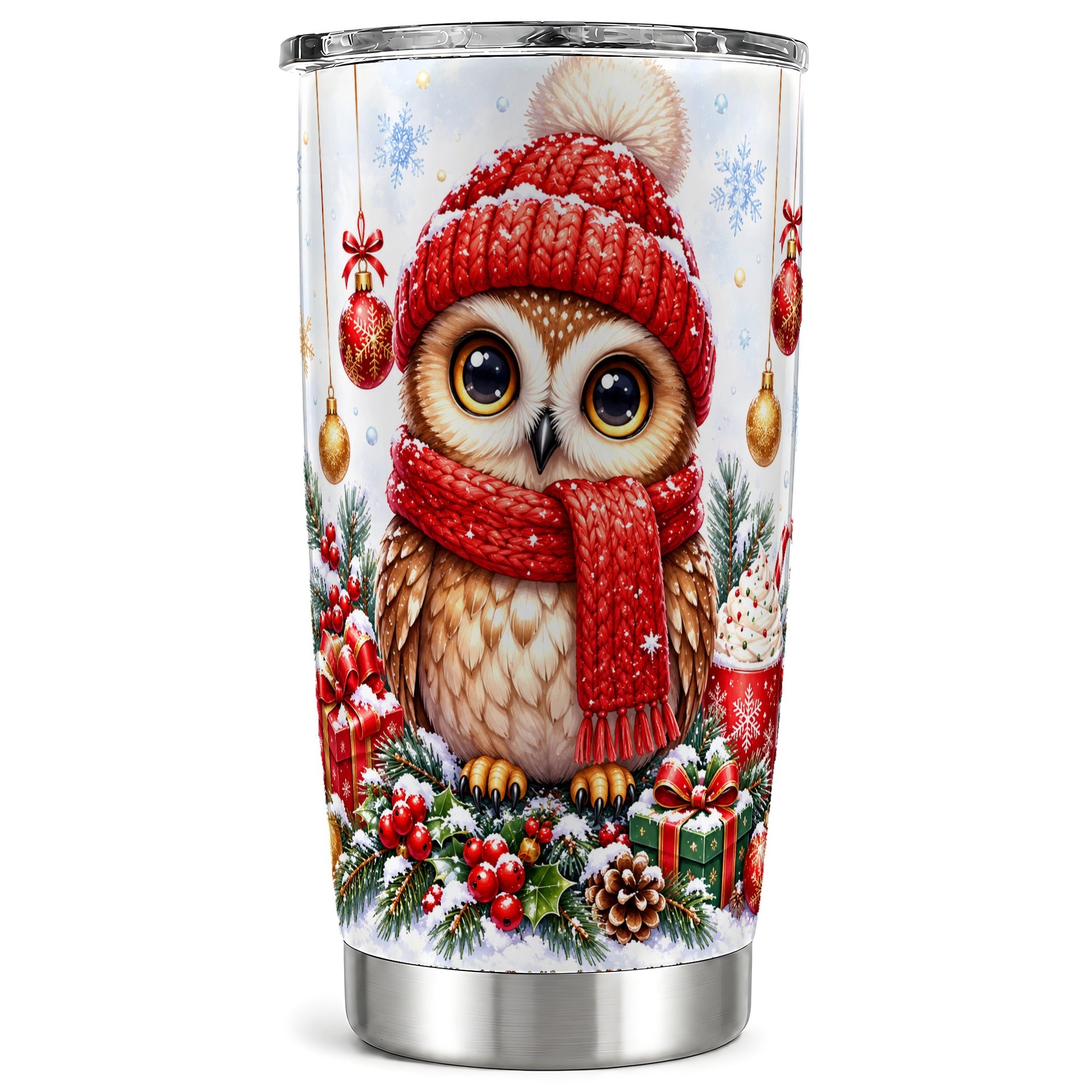 Christmas Owl Tumbler 20oz, Winter Owl Tumbler, Stainless Steel Travel Cup