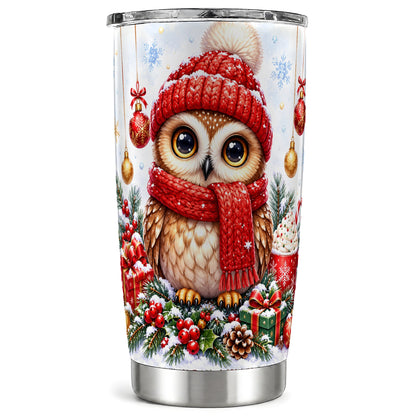 Christmas Owl Tumbler 20oz, Winter Owl Tumbler, Stainless Steel Travel Cup