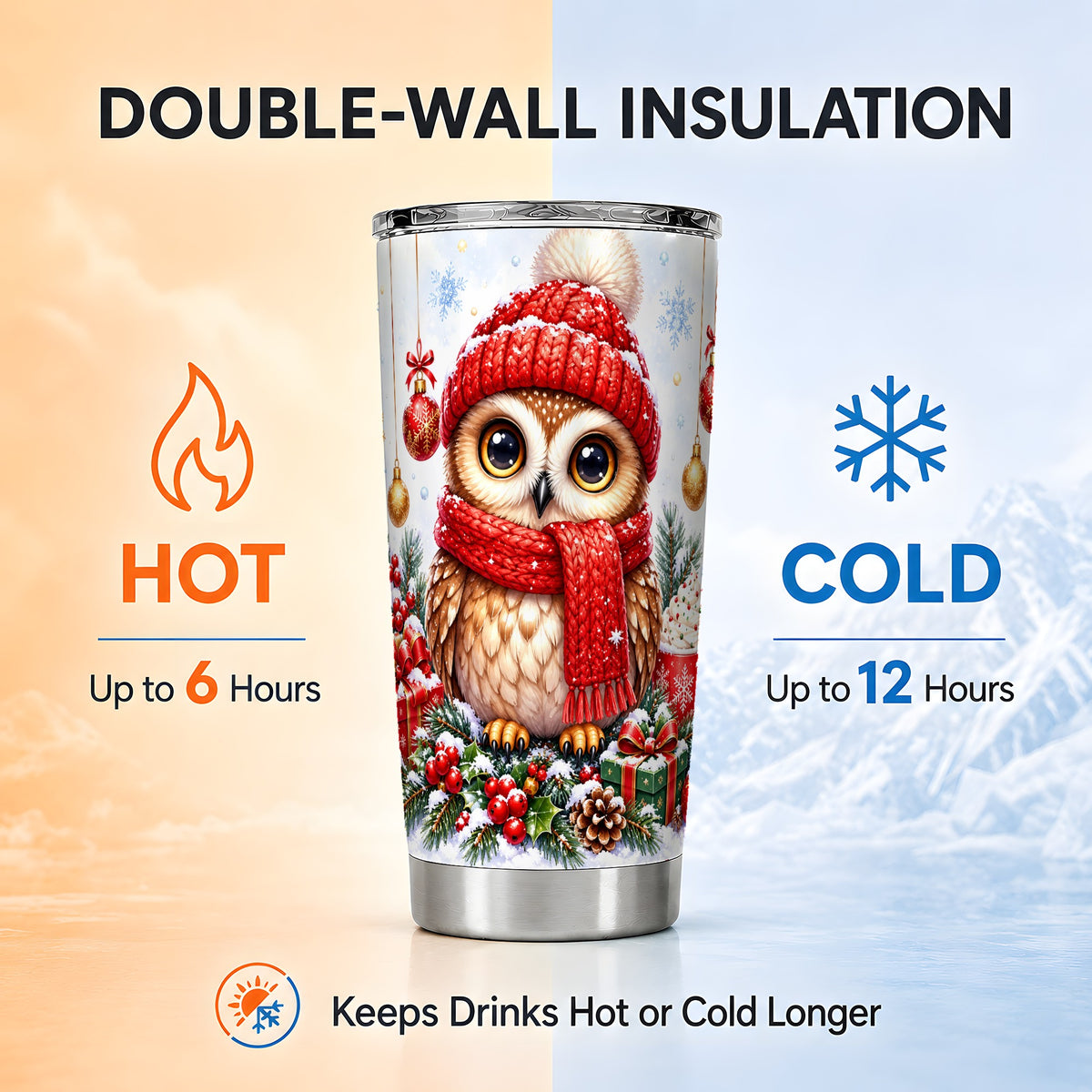#pl[20oz|Steel] Christmas Owl Tumbler 20oz, Winter Owl Tumbler, Stainless Steel Travel Cup