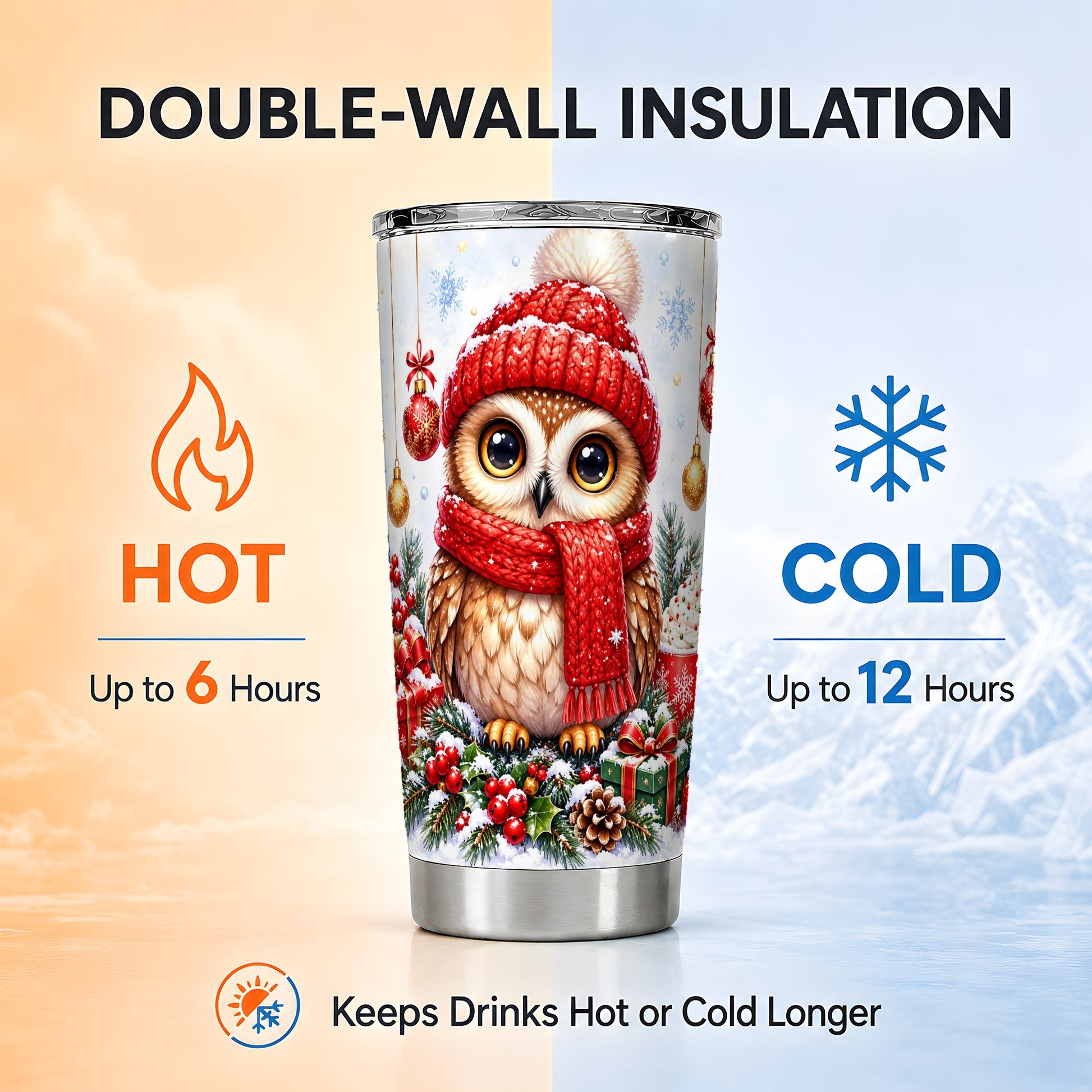 #pl[20oz|Steel] Christmas Owl Tumbler 20oz, Winter Owl Tumbler, Stainless Steel Travel Cup