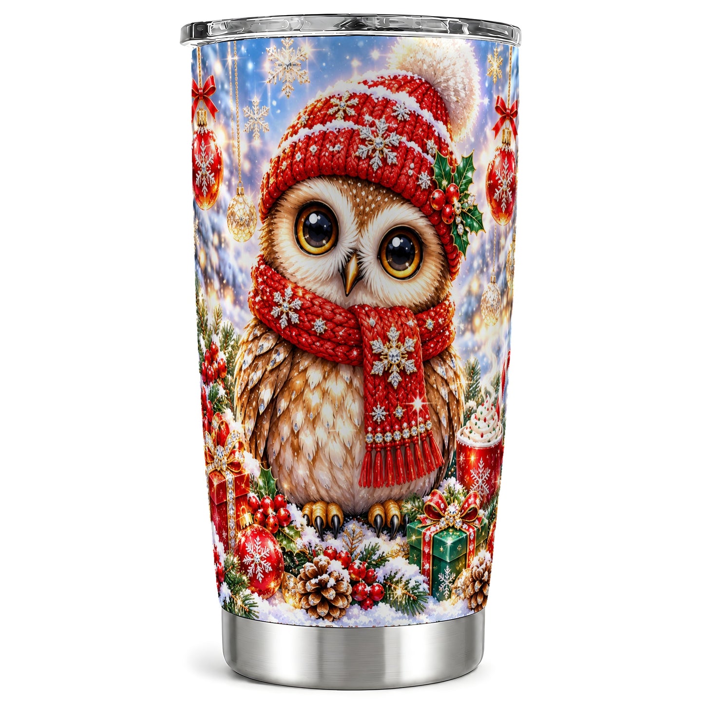 Jeweled Christmas Owl Tumbler 20oz, Owl Tumbler, Stainless Steel Travel Cup