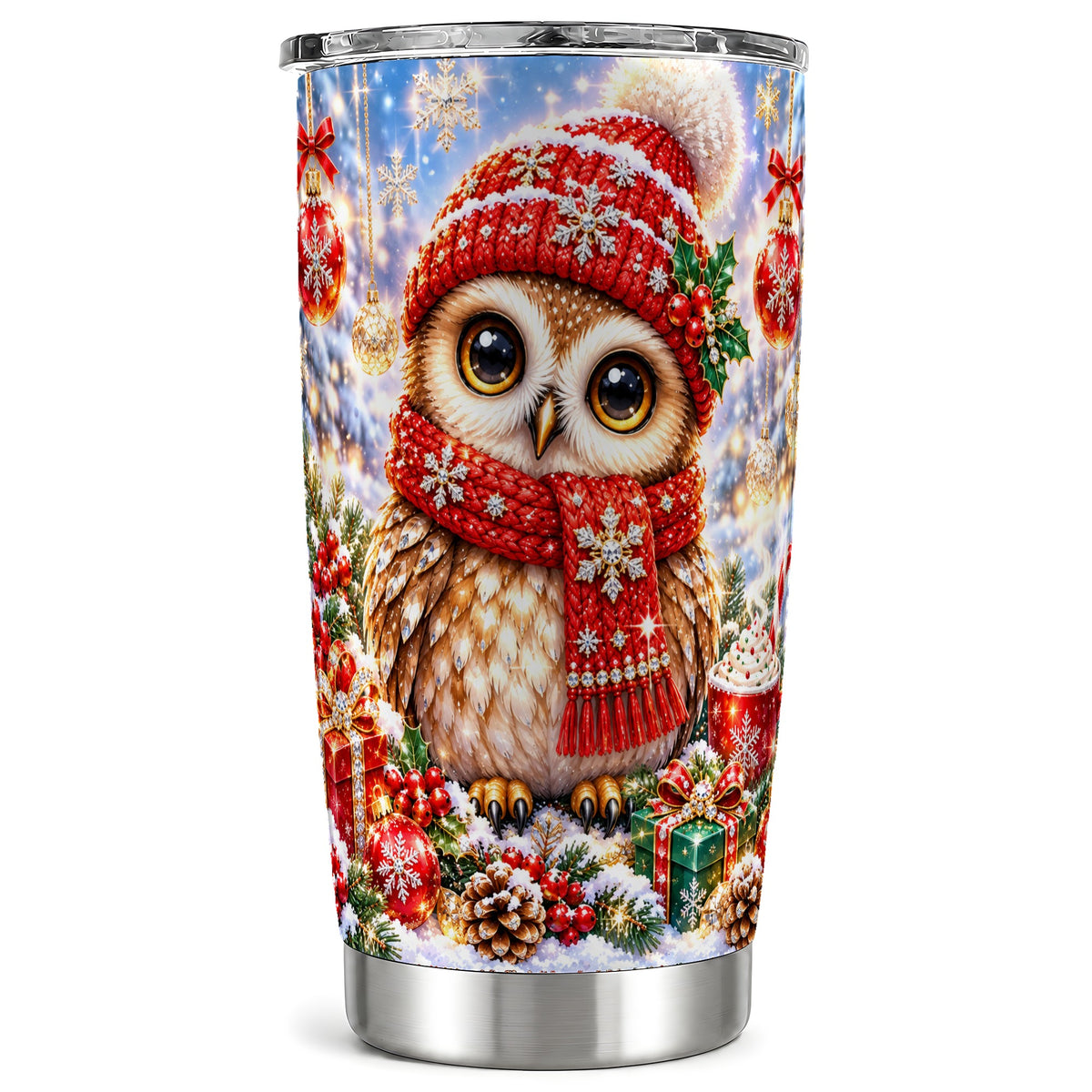 Jeweled Christmas Owl Tumbler 20oz, Owl Tumbler, Stainless Steel Travel Cup