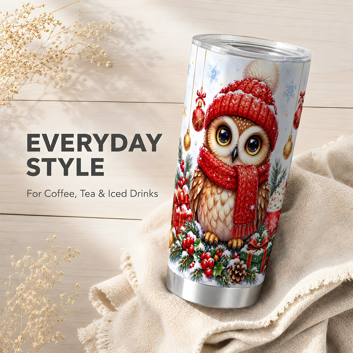 #pl[20oz|Steel] Christmas Owl Tumbler 20oz, Winter Owl Tumbler, Stainless Steel Travel Cup