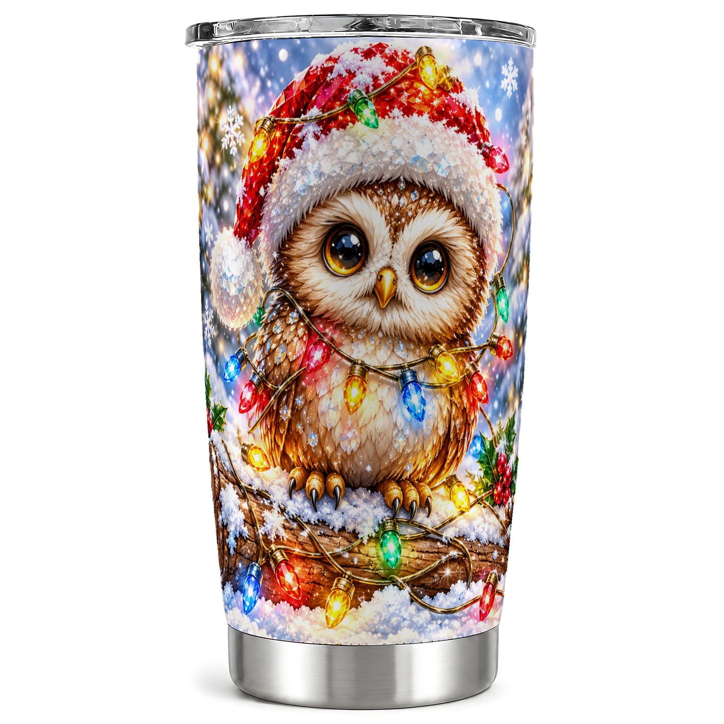 Christmas Lights Owl Tumbler 20oz, Owl Tumbler, Stainless Steel Travel Cup
